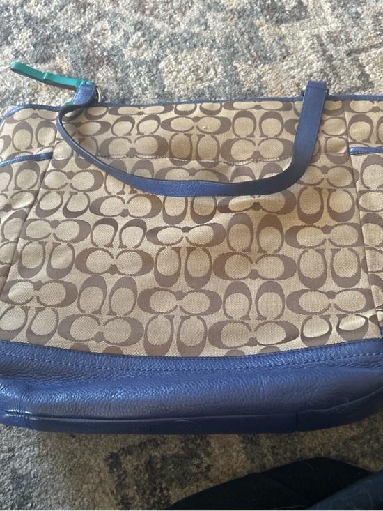 Coach Handbags - Coach Khaki Signature Canvas Tote with Navy Trim